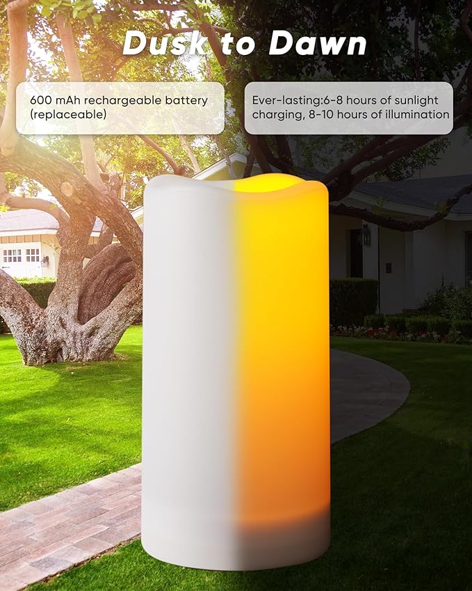 Homemory Solar Candles Outdoor Waterproof, Rechargeable Candles, Solar Powered Flameless Candles for Outdoor, Lanterns, Sensor Only, Dusk to Dawn, 3"x5", Set of 2