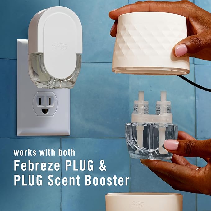 Febreze Plug Scent Booster Starter Kit, Oil Diffuser, Air Freshener Plug in, Continuous Scent Device + 2 Downy Calm Refills