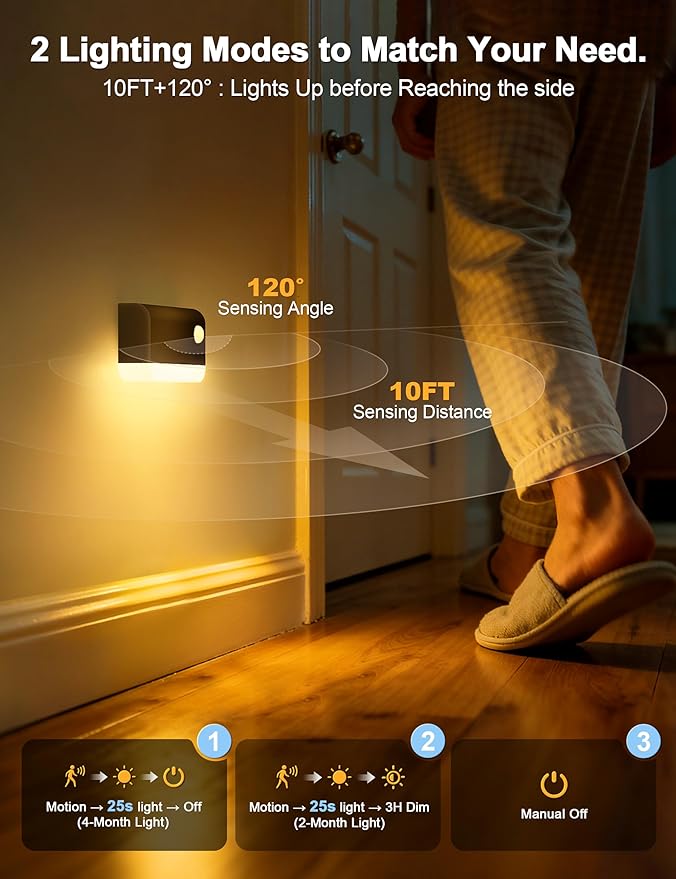 VOLISUN Motion Sensor Night Light, Rechargeable Stair Lights Indoor, Battery Operated Night Light for Hallway, Stairway, Bathroom, Bedroom, Kitchen, 3 Modes & 3 Color Temperatures(3 Pack Black)