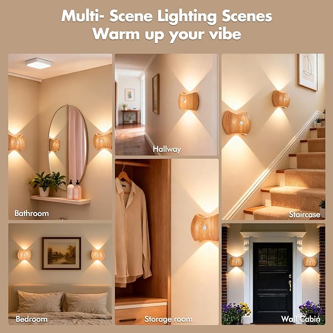 Motion Sensor Wall Lights Indoor - Rechargeable Wall Lights Up & Down, Wireless Battery Operated Wall Sconce Set of 2 for Bedroom, Hallway, Stair, Living Room Decor, Wood Cordless Magnetic Lamp Light
