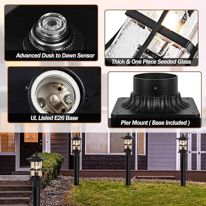 2 Packs Dusk to Dawn Outdoor Post Light Fixture with Pier Mount Base - Black Outdoor Pole Lighting, Waterproof Pillar Lantern, Modern Outside Column with Seeded Glass for Pathway, Garden, Patio,
