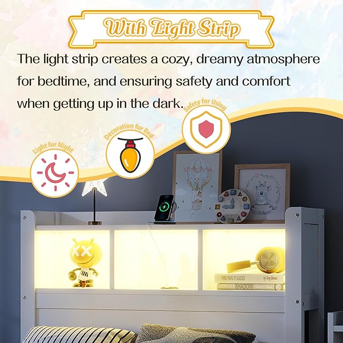 Kids Twin Bed Frame with Drawers & Storage Headboard, Solid Wood Platform Bed with Pull-Out Cabinet, Built-in LED Light & Charging Station, No Box Spring Needed, White