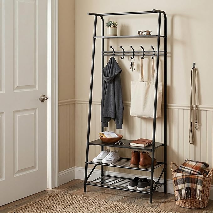 24" Black Hall Tree with Bench and Shoe Storage, Single Row Hooks Coat Rack Freestanding Organizer, Heavy Duty Coat Rack with Shoe Storage, Coat and Shoe Rack Entryway Front Door Foyer