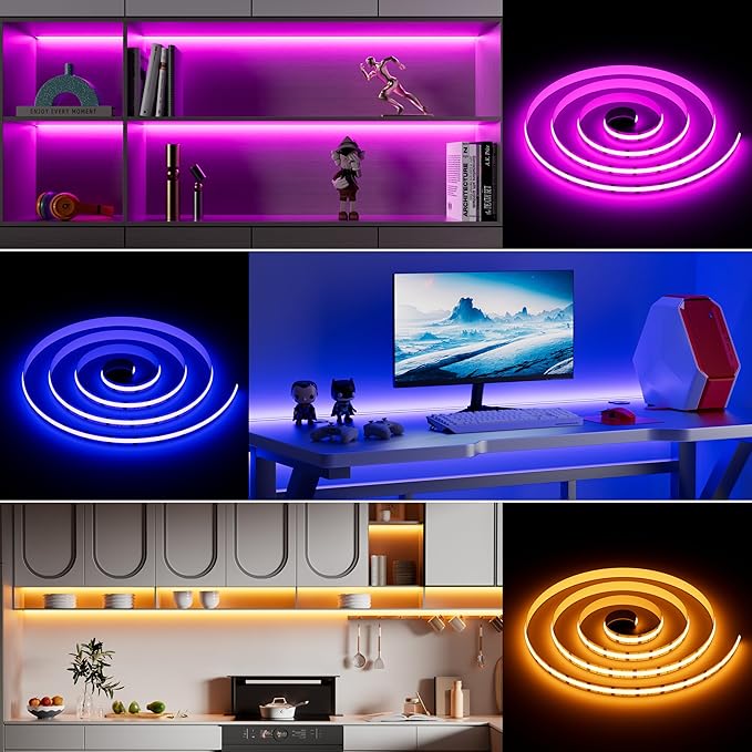 MIWISE RGB COB LED Strip Light 20ft/6.1m,Color Changing Dimmable Strip Light DC24V,Multicolor Flexible Tape Light 10mm Width,for TV,Bedroom,Party DIY Decoration(Power Supply&Controller NOT Included)
