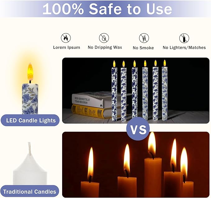 Chinoiserie LED Candles Flameless Candlesticks-6pcs Timer Blue Flower Battery Operated Candle Remote Floral LED Taper Candles Lights for Home Wedding Tea Party Windows Decor-P6TBLUMIX