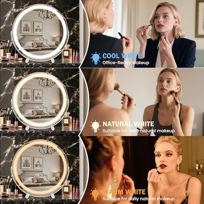 Vanity Mirror with Lights, 18" LED Makeup Mirror, HD Professional Mirror, Smart Touch with 3-Color Lighting, Dimmable, 360° Rotation, Lighted Up for Makeup Desk, Bedroom (White)