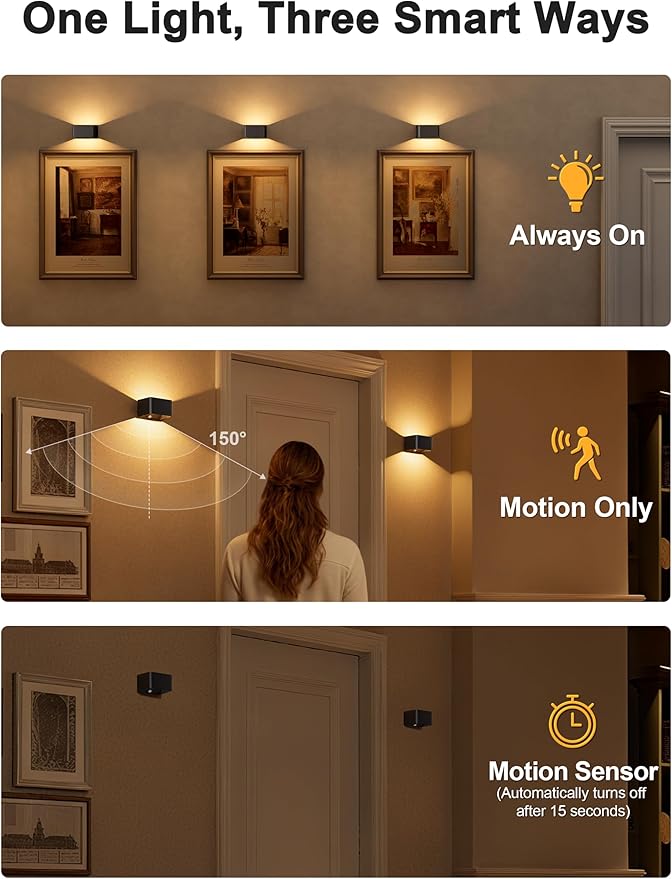 NIORSUN Motion Sensor Wall Light, 5000mAh Battery Operated Wall Sconce with Remote, 3CCT Dimmable Rechargeable Wall Lights,Wireless Sconces for Living Room Bedroom Hallway