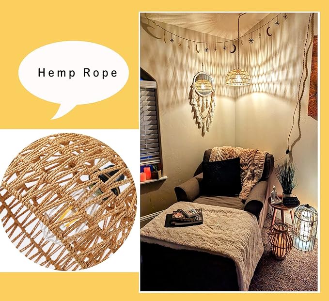 Plug in Pendant Light Rattan Hanging Lights with Plug in Cord Wicker Hanging Lamp with Woven Bamboo Basket Lamp Shade,Dimmable Switch,Boho Ceiling Light Fixtures for Kitchen,Farmhouse,Bedroom