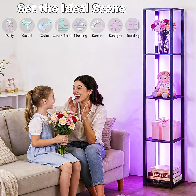 RGBCW Floor Lamp, LED Smart Modern Floor Lamp with Music Sync, Color Changing Corner Display Shelf Lamp, Square Standing Lamp with Shelves for Living Room and Bedroom, Office, Black