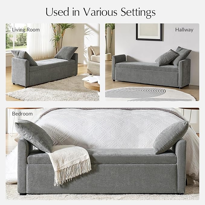 59.5" Modern Storage Ottoman Bedroom Bench, End of Bed Bench with Arms and Throw Pillows, Footrest Stool for Living, Dining Room, Entryway and Hallway, Charcoal