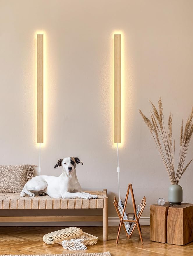 1 Pack Modern Plug in Long Wall Sconce 39.3‘’ LED Bamboo Wall Lights 31W Long Strip Indoor Wall Lamp 3000K with 6.5FT Plug in Cord and On/Off Switch on The Cord for Living Room Hallway Stairwell