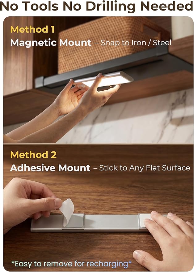 9 inch Under Cabinet Lighting, Cordless USB Rechargeable Motion Sensor Closet Light Indoor, Magnetic Adhesive LED Lights, Peel and Stick Light Bar for Counter, Shelf, Stairs, Pantry (1 Pack)