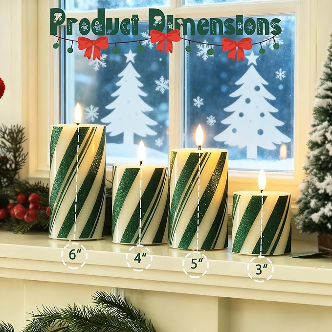 Green Striped Flameless Pillar Candles with Remote Set of 4, Battery Operated Real Wax LED Candy Cane Candles, Perfect for Christmas Window, Dinner & Holiday Xmas Decor
