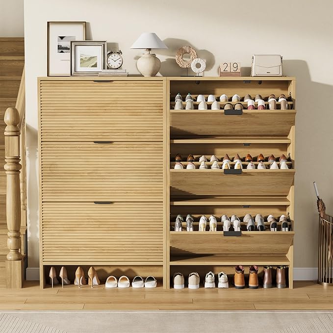 Garvee Shoe Storage Cabinet for Entryway, Fluted Shoe Cabinet with 3 Flip Drawers Doors, 32" Wide Hidden Shoe Rack Tall Freestanding Shoe Organizer for Entrance, Hallway, Living Room, Natural