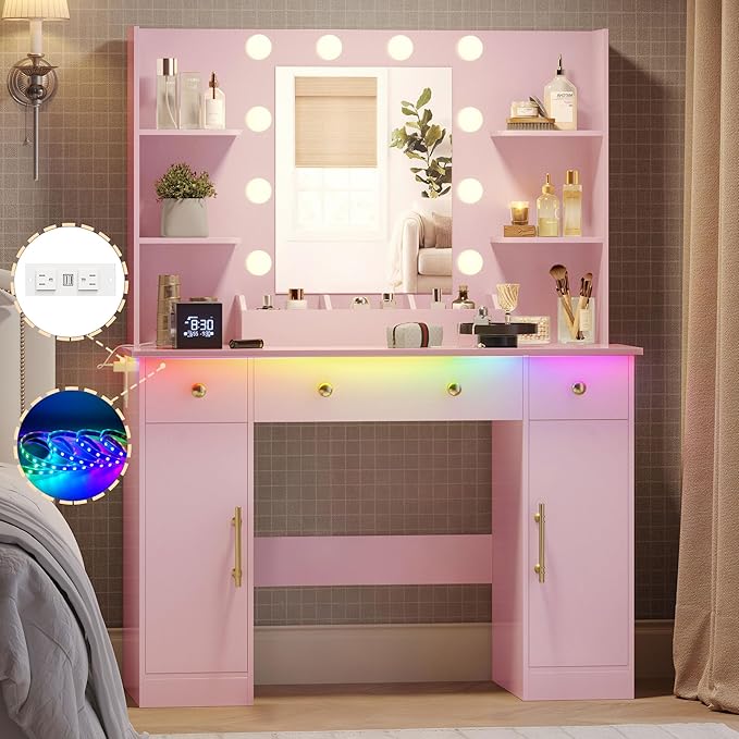 Makeup Vanity Desk with Mirror and Lights, 43" Pink Vanity Set with 3 Drawers, Power Outlet & Adjustable RGB LED Lights, Dressing Table with Storage Shelf for Women & Girls Bedroom