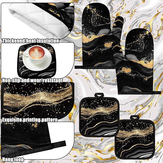 Fourluoo 10 Pcs Kitchen Dish Towels Rugs Oven Mitts and Pot Holders Kit Farmhouse Kitchen Decor Set Gloves Vintage Potholders for Baking Cooking Chef(Black,Elegant)