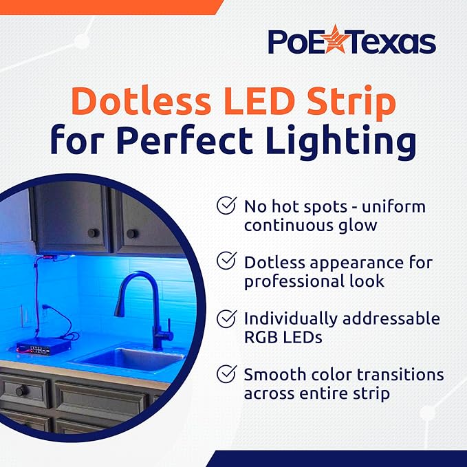 PoE Texas RGB LED Strip Lighting Kit - Plug & Play PoE Driver with COB LED Strip - Wireless Light Switch & App Control - Individually Addressable Color Changing Dotless Lights for Home or Office
