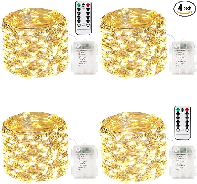4 Pack 50 LED Fairy Lights Battery Operated with Remote, 16FT Waterproof Twinkle Lights with Timer & 8 Modes, Fairy String Light Outdoor Indoor for Bedroom Classroom DIY Christmas Decor (Warm White)