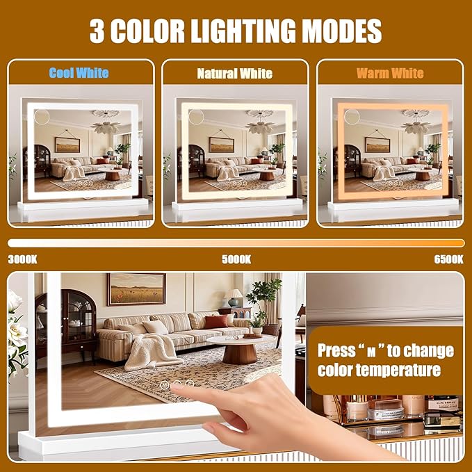 Vanity Mirror with Lights 23"x19", LED Makeup Mirror, 3 Color Lighting Modes, 10X Magnification, Smart Touch Control, Dimmable, Aluminum Metal Frame, Lighted Up for Vanity Desk (White)