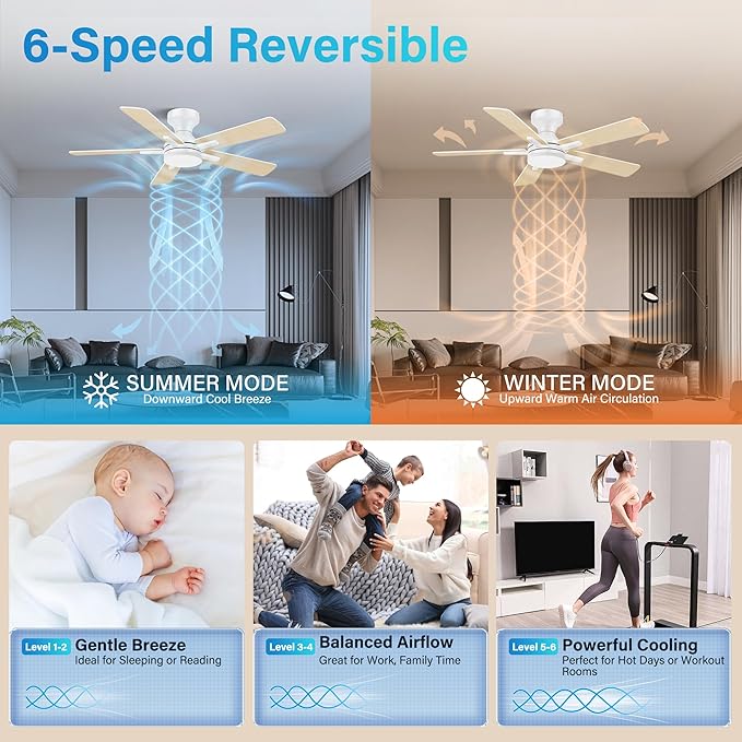 42 Inch Ceiling Fan with Lights and Remote,Flush Mount Ceiling Fan with APP Control,Quiet DC Motor,Dimmable LED/RGB,Low Profile Ceiling Fans for Bedroom,Modern Indoor,Patio,White and Wood Blades