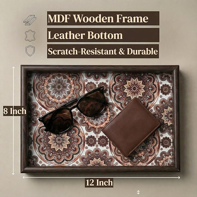 Zosenley Wooden Valet Tray with Leather Base - Nightstand Catchall Organizer for Cologne, Perfume, Keys, Wallet, Phone, Watch, Jewelry & Sunglasses (Bohemian)