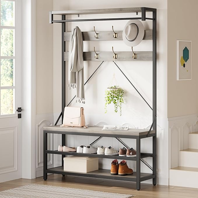 Garvee Industrial Hall Tree with Bench and Shoe Storage, Entryway Coat Rack with Shoe Rack, Mudroom Storage Hooks, Hanging Bar & Shelf, Wood Look Accent Entry Bench for Closet or Hallway, Gray