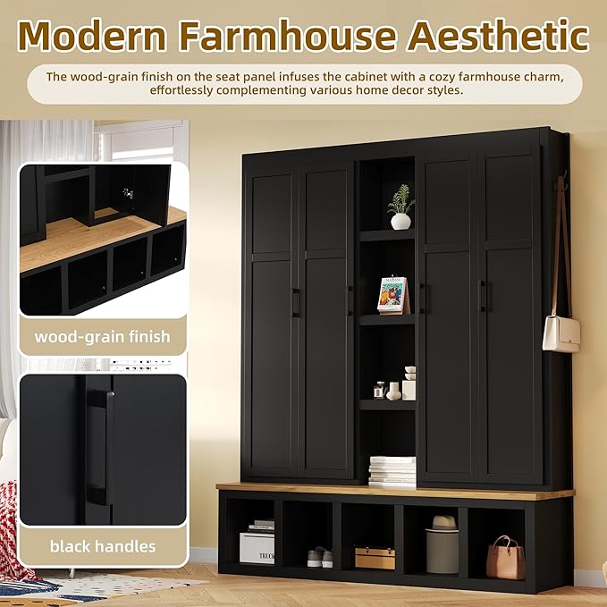 Merax Modern Farmhouse Hall Tree with Bench, 4-in-1 Entryway Storage Cabinet & Shoe Organizer with Hooks, Black