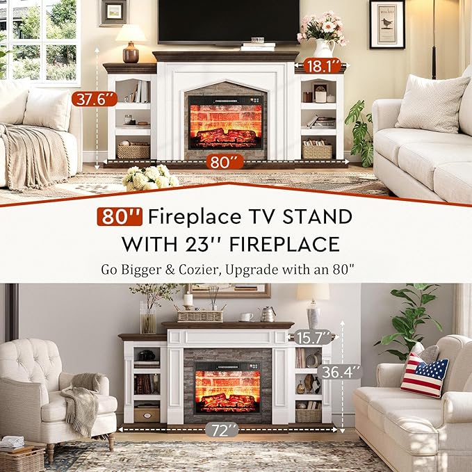LGHM 80" Fireplace TV Stand for TVs Up to 90 Inch, Electric Fireplace with Mantel, Farmhouse Entertainment Center with Storage, Fireplace Heater Insert with 3D Flame Effect for Living Room