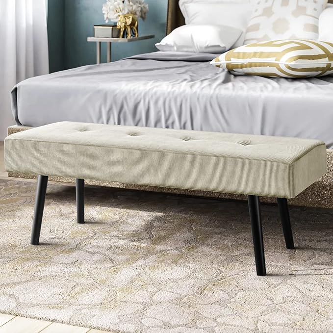 Entryway Bench - Beige Bench for Bedroom, Modern Ottoman End of Bed, Corduroy Padded Benches for Living Room, Foyer, Mudroom, Hallway - 39" L x 14" W x 17" H