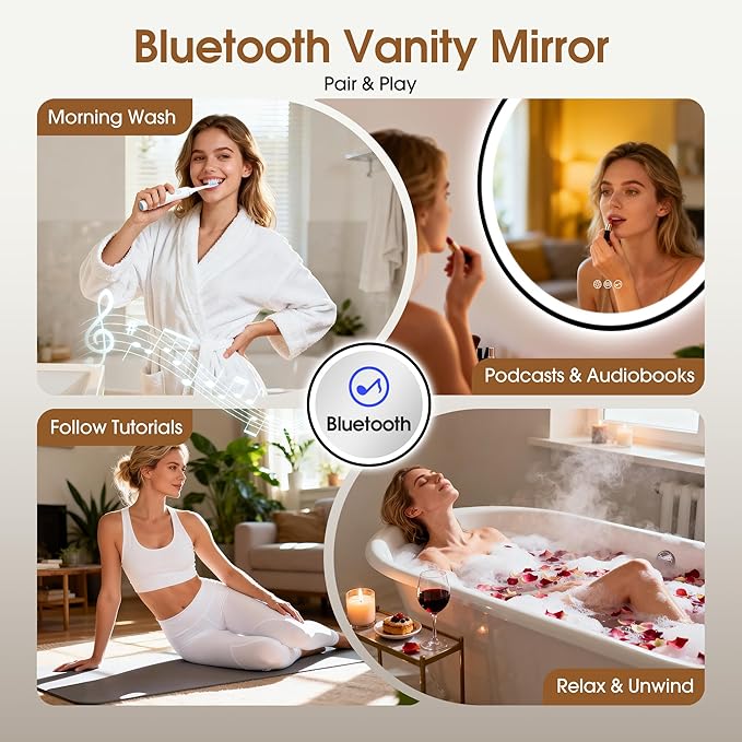 STARLEAD 28" Black Frameless Round LED Bathroom Mirror with Bluetooth Speaker, Dimmable Lighting, 3 Color Modes, Anti-Fog, Touch Control Wall Mounted Vanity Mirror