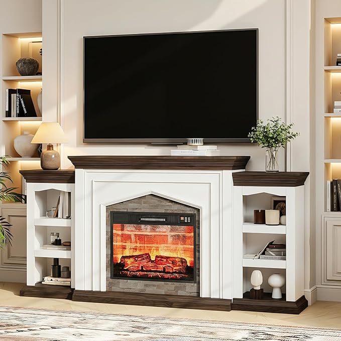LGHM 80" Fireplace TV Stand for TVs Up to 90 Inch, Electric Fireplace with Mantel, Farmhouse Entertainment Center with Storage, Fireplace Heater Insert with 3D Flame Effect for Living Room
