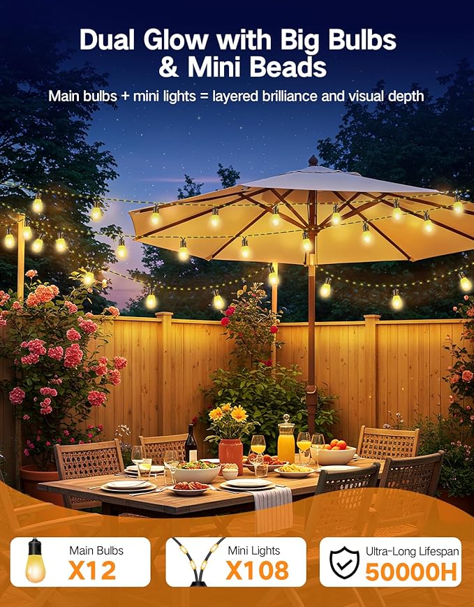 OUTON Outdoor String Lights, 46FT Smart AI RGB Patio Lights with Individual Bulb Control, APP Remote Voice Control, Works with Alexa and Google Assistant, IP65 Waterproof, Dimmable for Backyard Party