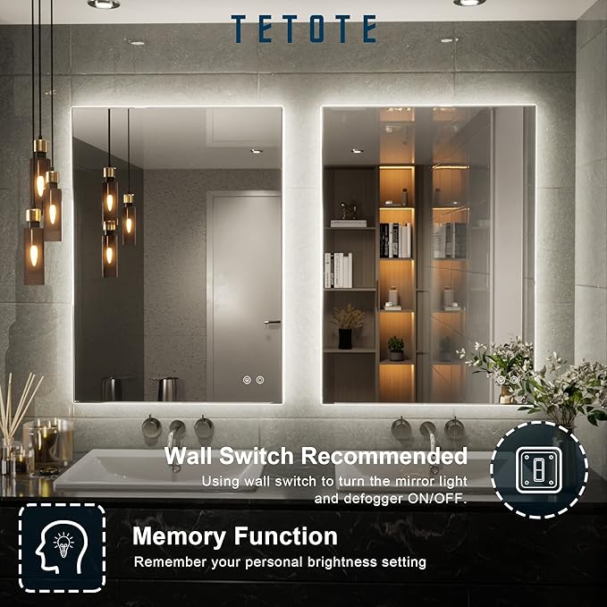 TETOTE Backlit Mirror for Bathroom, 20x28 Inch Vanity Mirror with Light, LED Anti-Fog Bathroom Mirrors, Modern Dimmable, CRI90+, Waterproof Lighted Mirror, Horizontal/Vertical Wall Mirror