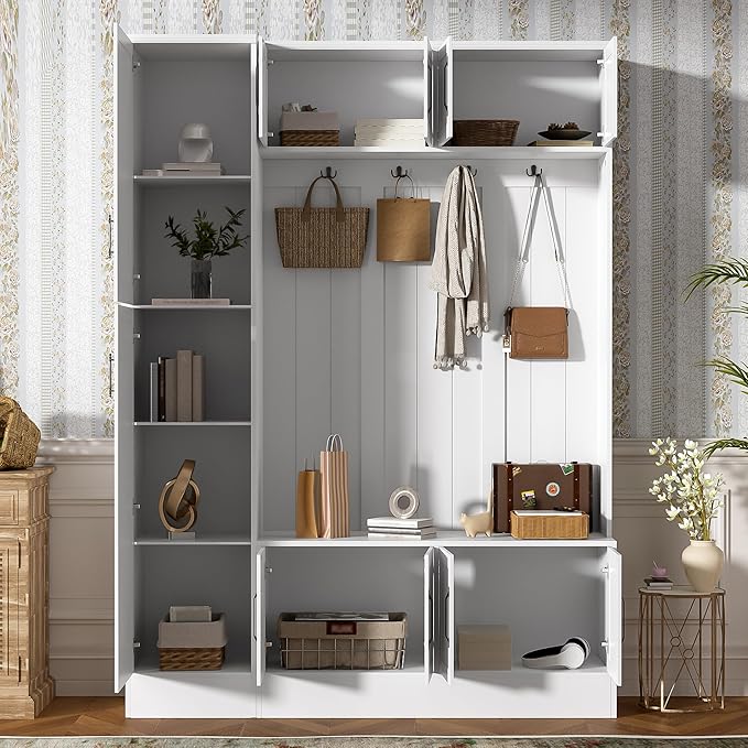 79-inch Modern Hall Tree with Shoe Storage - 4-in-1 Entryway Organizer with 6 Storage Cabinets, 4 Coat Hooks & Adjustable Shelf for Hallway, Living Room (White)