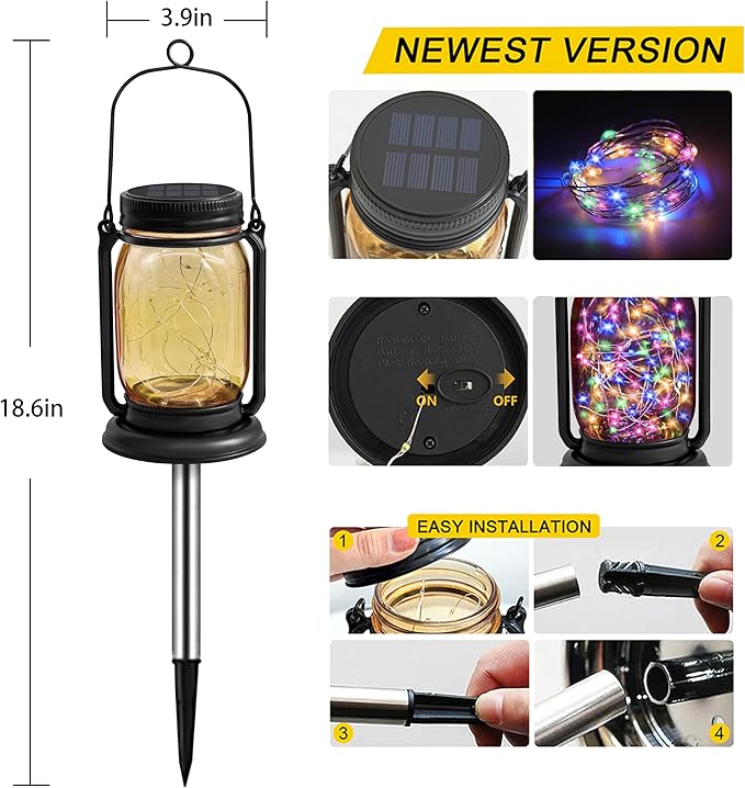 4 Pack Hanging Solar Lantern Lights, 30LED Vintage Glass Mason Jar Solar Fairy Lights Outdoor Decorative Waterproof Table Light with Stakes for Patio Yard Lawn Tree