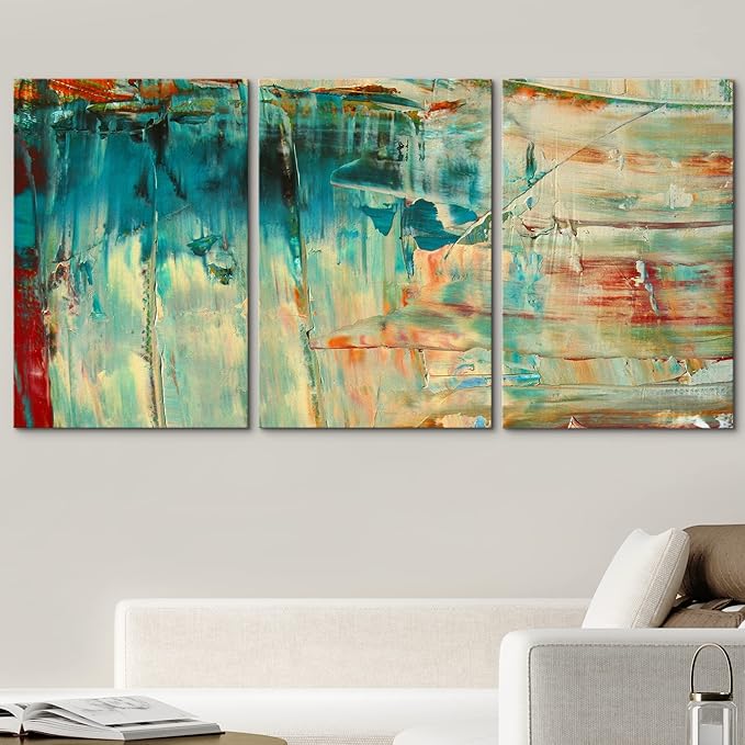 wall26 Canvas Print Wall Art Set Thick Teal, Tan & Orange Paint Color Field Abstract Shapes Illustrations Modern Art Chic Colorful Multicolor Ultra for Living Room, Bedroom, Office - 16"x24"x3