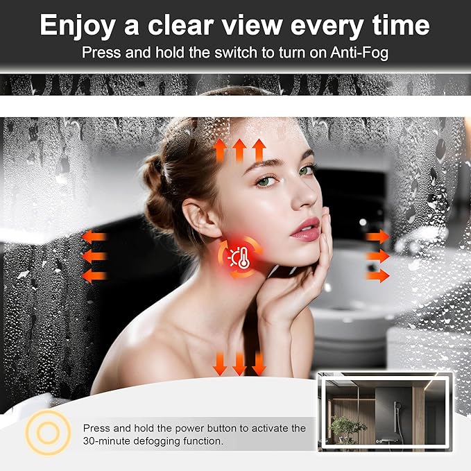 Led Mirror for Bathroom, 30x50 Bathroom Vanity Mirror for Wall with Light, IP54 Enhanced Anti-Fog, Dimmable 3 Colors, Memory Function, Backlit and Front Lit, Shatter-Proof Glass, Plug-in/Hardwired