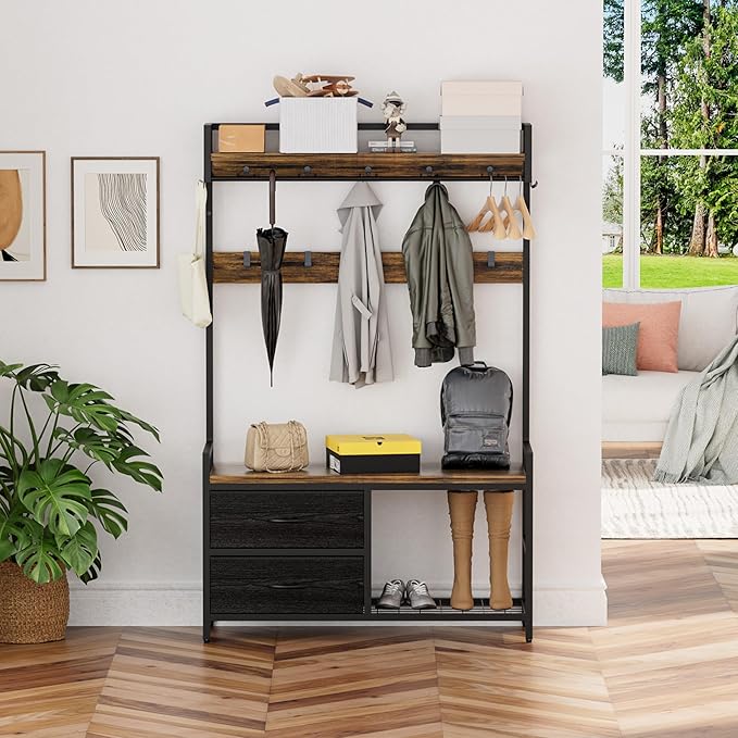 Entryway Hall Tree Bench Organizer, Coat Garment Rack Shelf Rail, Shoe Storage Tiers, Two Sliding Fabric Drawers, Movable Hooks Set, Hanger Rod, Metal Frame, Corner Mudroom Foyer Closet Stand
