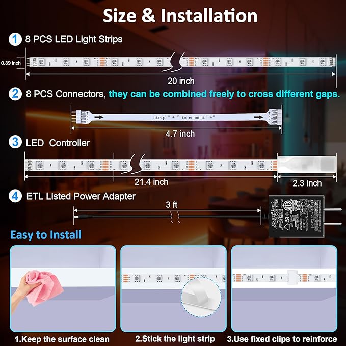 LAFULIT 8 PCS RGB Under Cabinet Lights Kit, App and Remote Control Led Strip Lights, Music Sync Color Changing Led Lights, Plug in Light for Cabinet, Counter, Shelf, Bookcase, 13ft