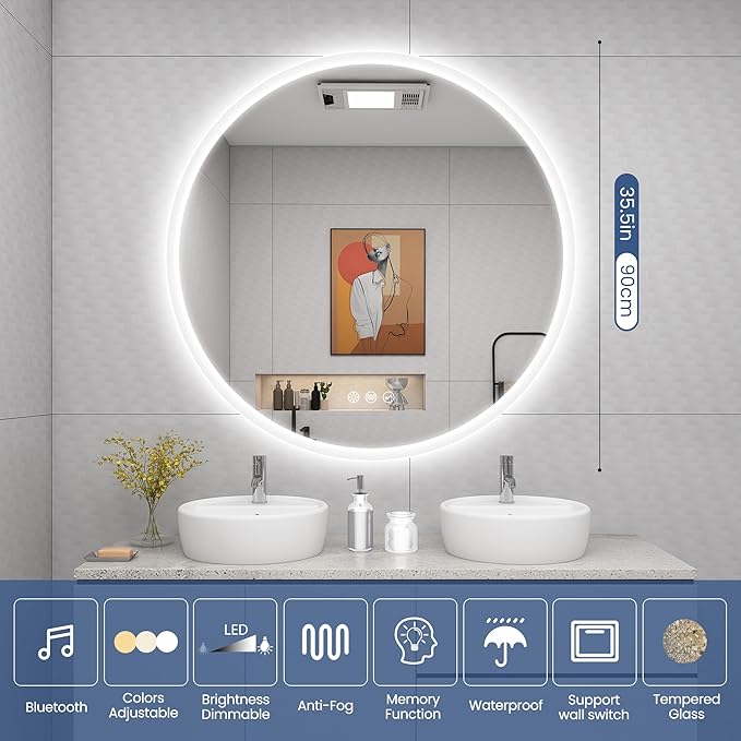 STARLEAD 36" Round LED Bathroom Mirror with Bluetooth Speaker, Dimmable Lighting, 3 Color Modes, Anti-Fog, Touch Control Wall Mounted Vanity Mirror