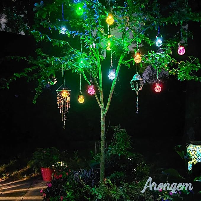 Solar Hanging Lanterns Outdoor: 12 Pack Cracked Glass Ball Lights with Clip - Waterproof Color Changing Globe Decorative Garden Tree Fence - Gardening Holiday Gifts for Women