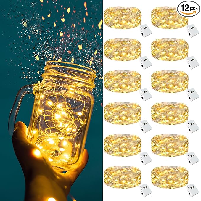 ZGWJ Fairy Lights Battery Operated, 12 Pack Warm White Twinkle String Lights 20 LED 7FT Waterproof for Bedroom Decor, Halloween, Christmas, Party Indoor and Outdoor Decoration