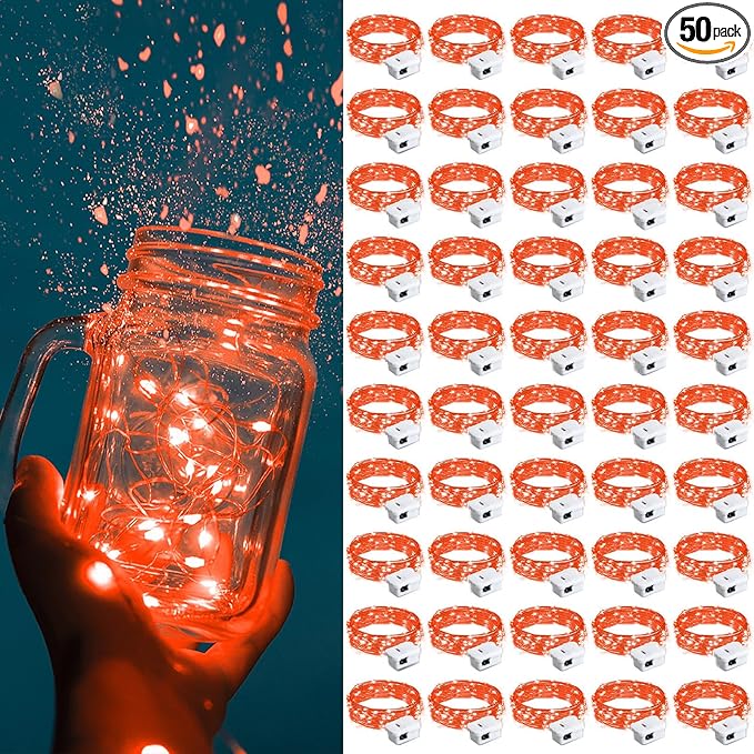 ZGWJ Fairy Lights Battery Operated, 50 Pack Twinkle String Lights 20 LED 7FT 3 Lighting Modes for Bedroom Decor, Easter, Halloween, Christmas, Party Indoor and Outdoor Decoration Red