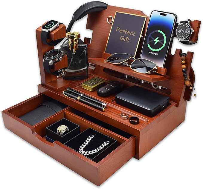 Nightstand Organizer for Men with Large Drawer, Wood Phone Docking Station for Phone, Apple Watch, Wallet & Keys, Ideal Birthday Gift for Father Husband, Bedside Desk Organizer (Walnut)