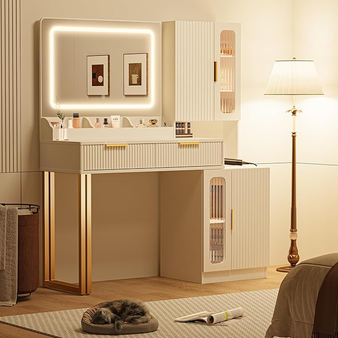 45" Fluted Makeup Vanity Desk with Mirror and Lights, Makeup Desk with 5 Shelves& 2 Storage Cabinet, Vanity Table with Power Outlet, 3 Color Adjustable Lighting Dressing Table Set for Bedroom