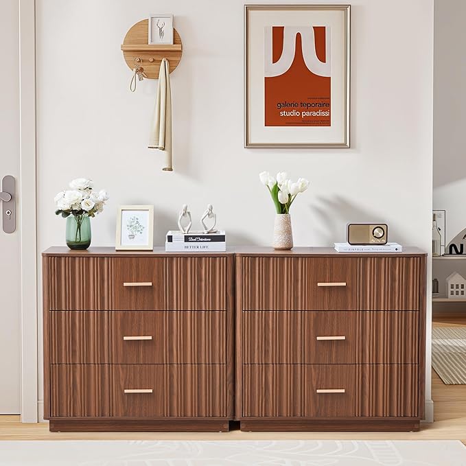 Fluted Dresser for Bedroom with 3 Drawers,31.5"Wide Modern Chest of Drawers with Metal Handle,Large Storage Dresser, Wood Closet Clothes Storage Organizer for Nursery Living Room Hallway,Walnut 2 Sets