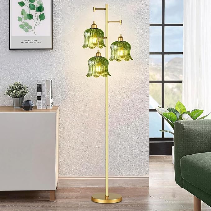 Glass Floor Lamp for Living Room,Bedroom,Mid Century Modern Standing Lamp Brass Tree 3 Light Tall Floor Lamps Vintage Retro Floor Lights Gold Green Flower Lamp Shade Farmhouse Boho Bohemian