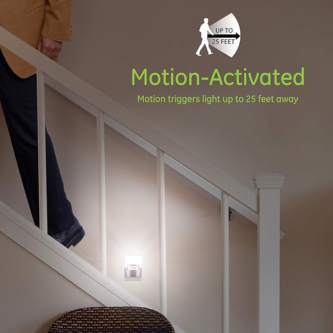 GE LED Motion Sensor Night Light, Plug-in, 40 Lumens, Warm White, UL-Certified, Energy Efficient, Ideal Nightlight for Bedroom, Bathroom, Kitchen, Hallway, 12201, White, 2 Pack