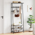 Coat Rack Hall Tree Shoe Bench with Hooks, 4-Tier Shelf Entryway Hall Tree with Storage, Freestanding Metal Frame Multifunctional Hallway Organizer, Wood Look Accent Furniture for Bathroom
