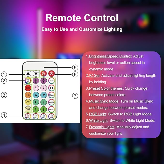 RGBICW LED Corner Floor Lamp 58'' with Music Sync, Remote Control, Color-Changing Ambient Lighting for Living Rooms, Gaming, Home Office (Round Base)